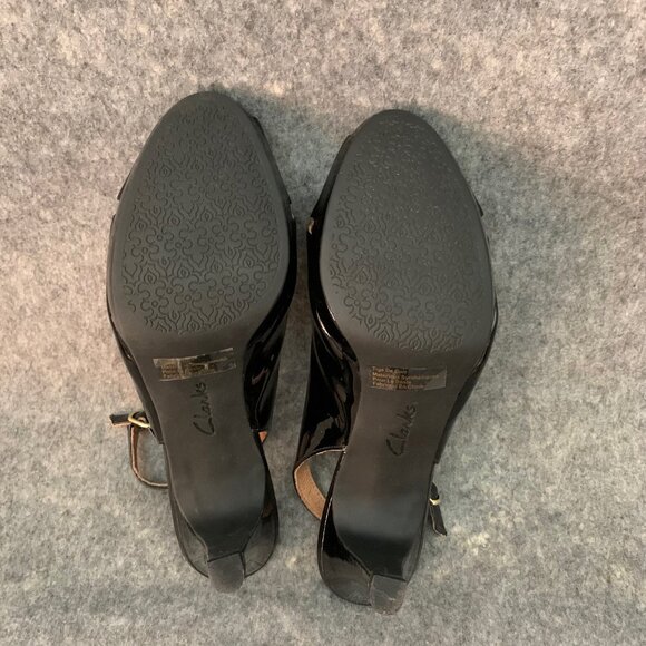 Clarks Artisan Women's Patent Leather Black Shoes Sling Back Heel Peep Toe Shoes - Picture 12 of 12